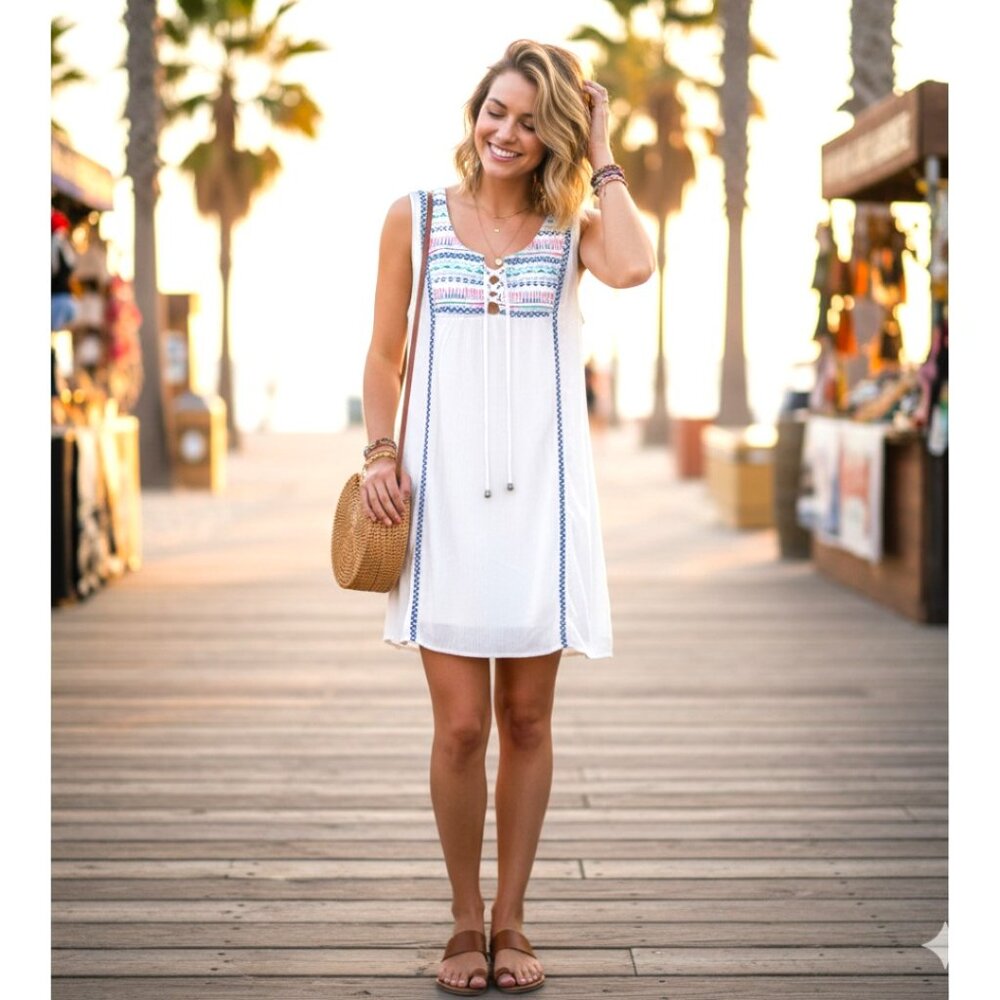 Solitaire Embroidered Boho Tunic Dress – White Blue Rainbow Trim M